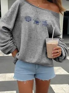 Women's Loose Oversized One Shoulder Sweatshirt, Beach Ocean Print Pullover, Casual Home Streetwear, Tiktok Trend 2026, Ultra Soft Fabric