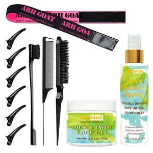 ARHGOAT Lock N Twist Edge Gel 3.53oz, Re-Twist Locks, Extra Hold, Smooth & Tames Frizz, No Residue Locking Gel with 5.3oz Lace Melting Spray, Elastic Band and Hair Styling Tools Rat Tail Comb Braids