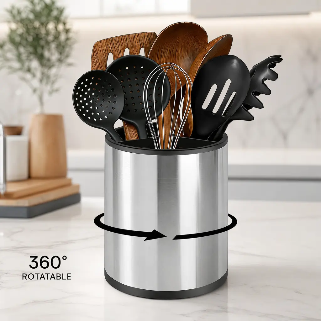 littleox Kitchen Utensil Holder, Large 360°Rotating Stainless Steel Storage Cooking Utensil Holder for Countertop, 3 Compartment Flatware Spoon Spatula Tool Cutlery Container with Removable Base
