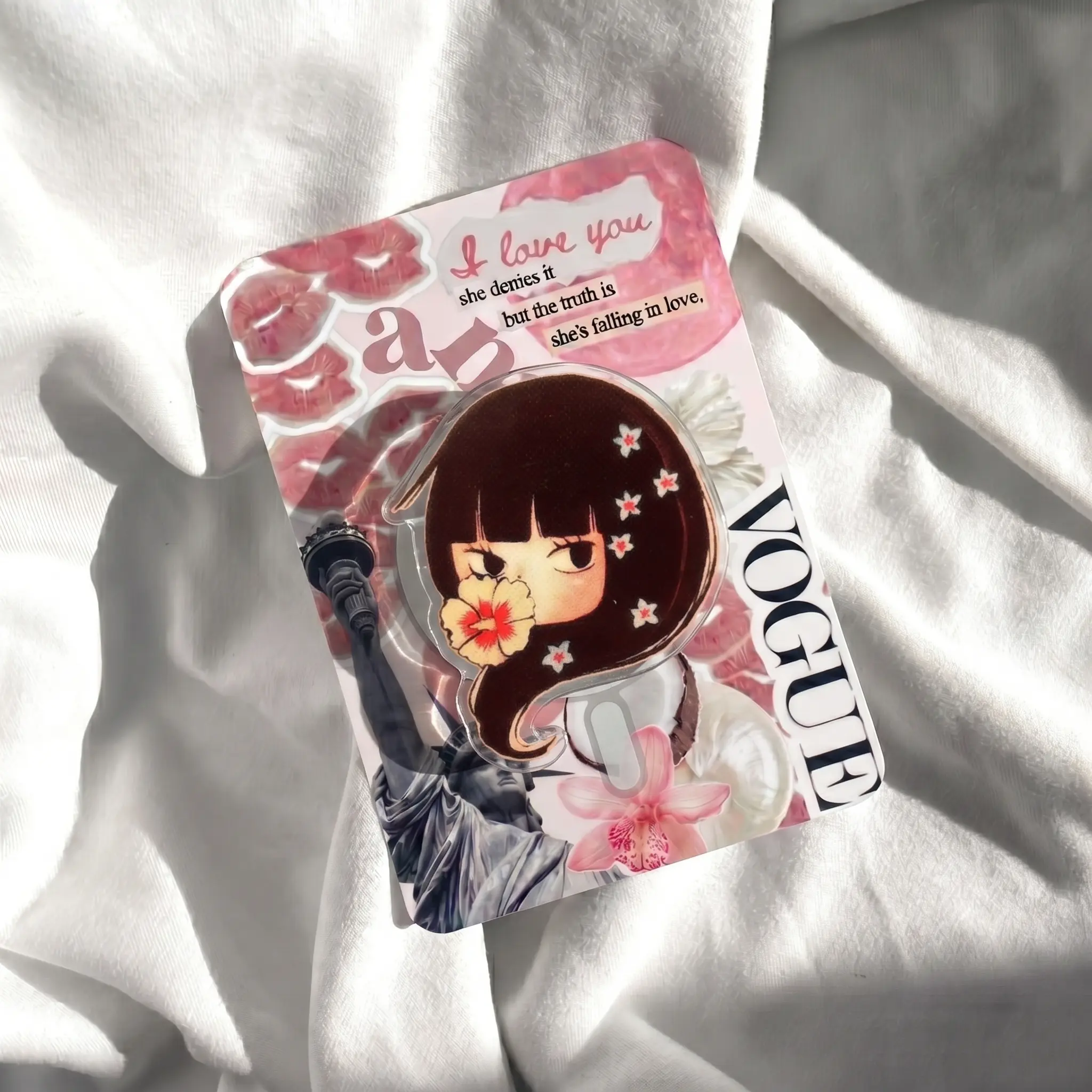 Retro Manga Girl Phone Grip, Cute Floral Anime Aesthetic Phone Stand, Kawaii Blossom Girl Phone Holder, Coquette Pink Fashion Magazine Accessory for Teens