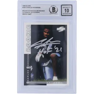 Charles Woodson Oakland Raiders Autographed 1998 Score Silver Ink #236 Beckett Fanatics Witnessed Authenticated 10 Rookie Card with "HOF 21" Inscription - Fanatics Authentic Certified