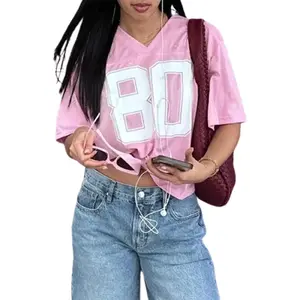 Women Y2k Oversized Jersey Summer Top Number Graphic Tee T-Shirt V Neck Short Sleeve Sport Casual Shirts Streetwear