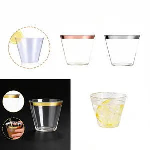 60-Piece Set of 9oz Gold-Rimmed Rigid Clear Plastic Dessert Cups Premium Cocktail & Wine Glasses with Vintage Short Stem Food-Grade Party Drinking Cup Set Ideal for Weddings, Thanksgiving, Christmas, Birthdays, Gatherings, and Holiday Celebrations