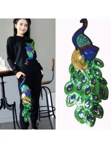 Fashion embroidery label animal peacock fabric label garment accessories large patch applique sequin embroidery applique patch