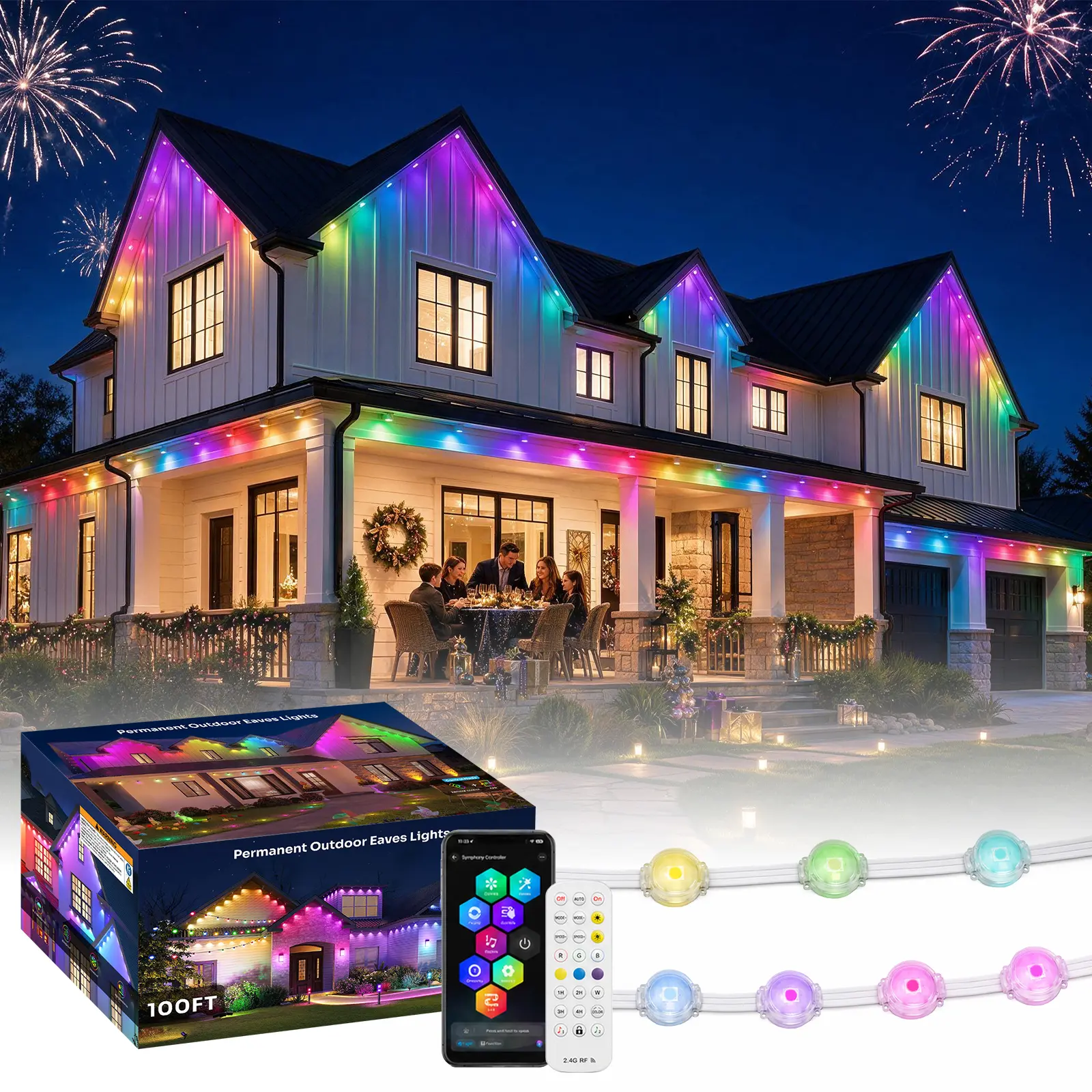HYPERLITE RGBCW IC Permanent Outdoor Eaves Lights, IP67 Waterproof Smart LED Roofline Lights with 3000K Warm White and 6000K Cool White, Alexa & Google Assistant, App and Remote Control, 16 Million Colors, 75 Scenes, Music Sync (Warm & Cool White)