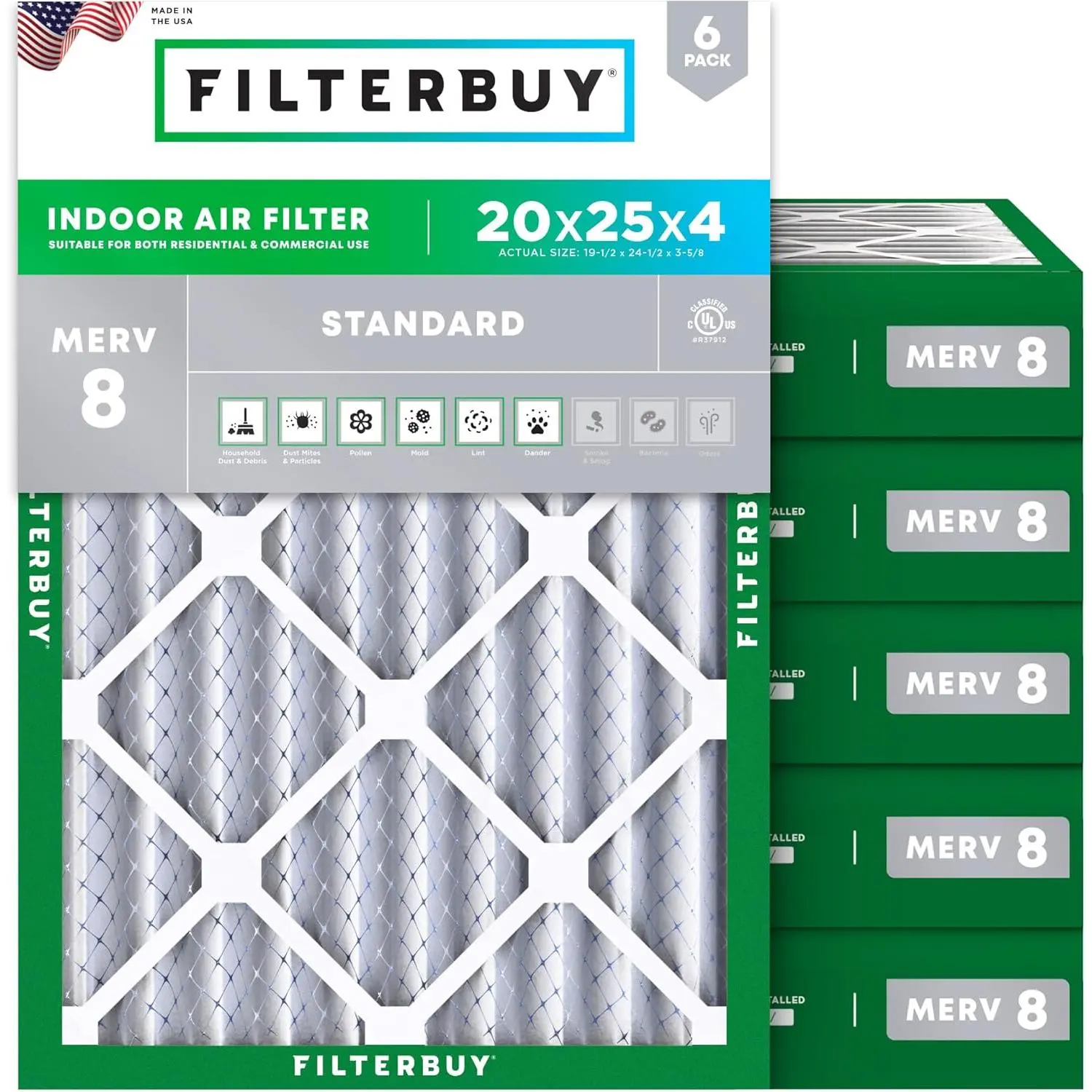 Filterbuy 20x25x4 Air Filter (6-Pack), Pleated MERV 8 Dust Defense HVAC AC Furnace Air Filters (Actual Size: 19.50 x 24.50 x 3.63 Inches)