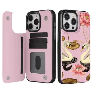 Elegant white swan design pattern leather card holder phone case,for iPhone 17 Pro Max Phone Case 17 Air 16 15 Plus 14 13 12 , Samsung Galaxy S25 ULTRA FE Plus S22 S23 FE S24 Plus