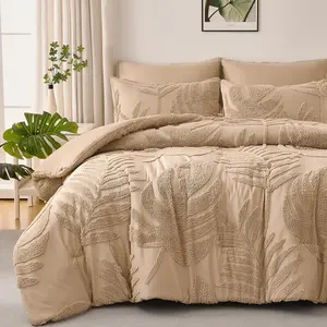 Khaki Queen Comforter Set,Boho Soft Warm Tufted Neutral Bed in a Bag,Lightweight All Bedding with Botanical Palm Leaf Pattern,3 Pieces (Comforter&2 Shams)