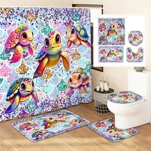 4pcs Ocean Theme Shower Curtain Set, Rainbow Gradient Turtle & Mermaid Scale Print, Waterproof Bathroom Mat, Modern Home Decor Gift