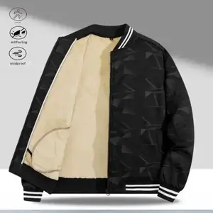 A men's geometric print fleece baseball jacket, featuring a trendy casual style with a baseball collar that stays ahead of fashion trends. The bold geometric print is eye catching and expressive, while the fleece lining provides warmth. Striped details en