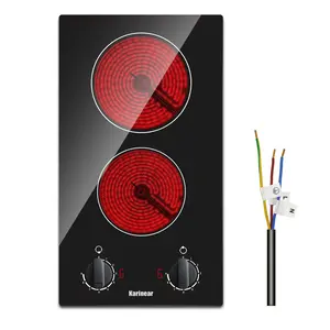 Karinear 12 Inch Electric Stove Top with Knob Control, Built-in Child Safety Lock, 2000W Double Burner, Hard Wired, No Plug, 9 Power Levels, Ceramic Hob, Household Appliances