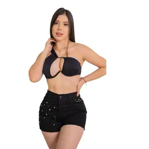 53- Colombian Boss Shorts with Studs - Black High Waist Jean Shorts with Silver Studs, Ideal for Trendy Outfits