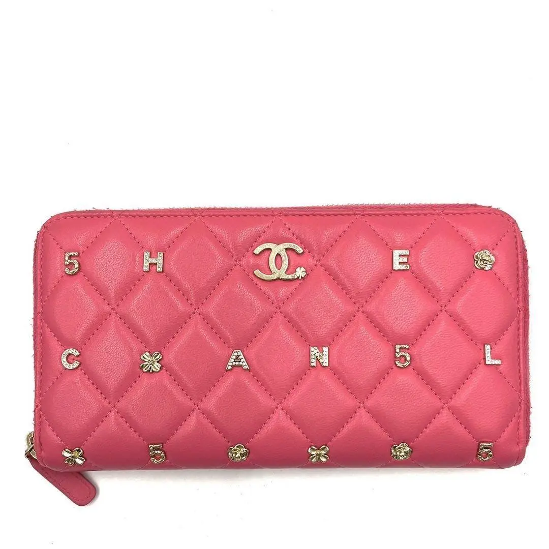 Pre-owned CHANEL Lambskin Small Leather Goods RARE Authentic Pink Rhinestone Matelasse Long Wallet