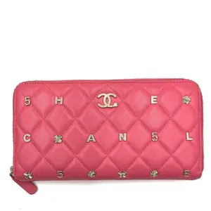 Pre-owned CHANEL Lambskin Small Leather Goods RARE Authentic Pink Rhinestone Matelasse Long Wallet