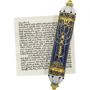Mezuzah with Scroll for Door, Enamel&Zinc Alloy Blessing Mezuzah Case for Door, Colored Painted Mezuzha Scroll Kosher for Jewish Gifts/Jewish Decor, Christmas (Blue, 5 * 0.86 in)