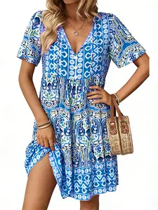 A women's printed V-neck dress, fashionable loose Bohemian Boho short dress, suitable for summer, vacation, and daily casual wear.