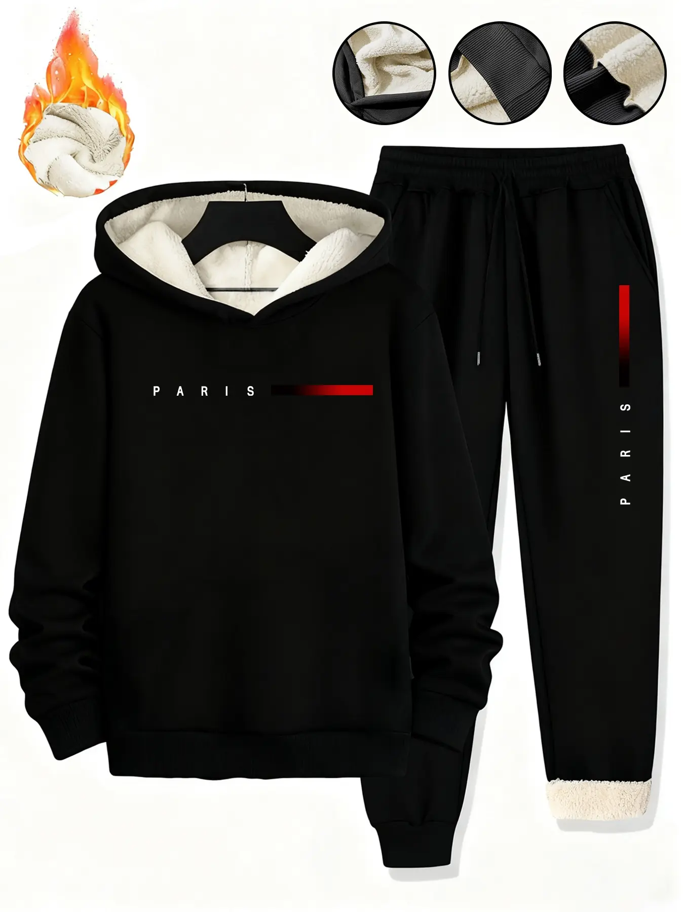 Men's Fall Winter Warm 2-Piece Set Fleece Thick Lamb Wool Hoodie + Drawstring Casual Pants, Zipper Pocket Design, Outdoor Leisure Wear
