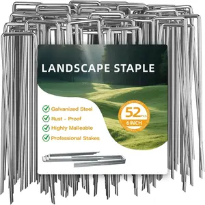 52 Pack 11 Gauge Landscape Staples - 6 Inch Heavy Duty Galvanized Garden Stakes, Adjustable Rust-Proof U-Shaped  Cover Spikes & Sod Pins for Weed Barrier, Fabric, Yard