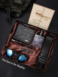 Men's Belt Gift Box Set, Men Accessories, Includes Casual Leather Belt, Fashion Wallet, Elegant Keychain, Stylish Sunglasses, Perfect for Daily & Business Use