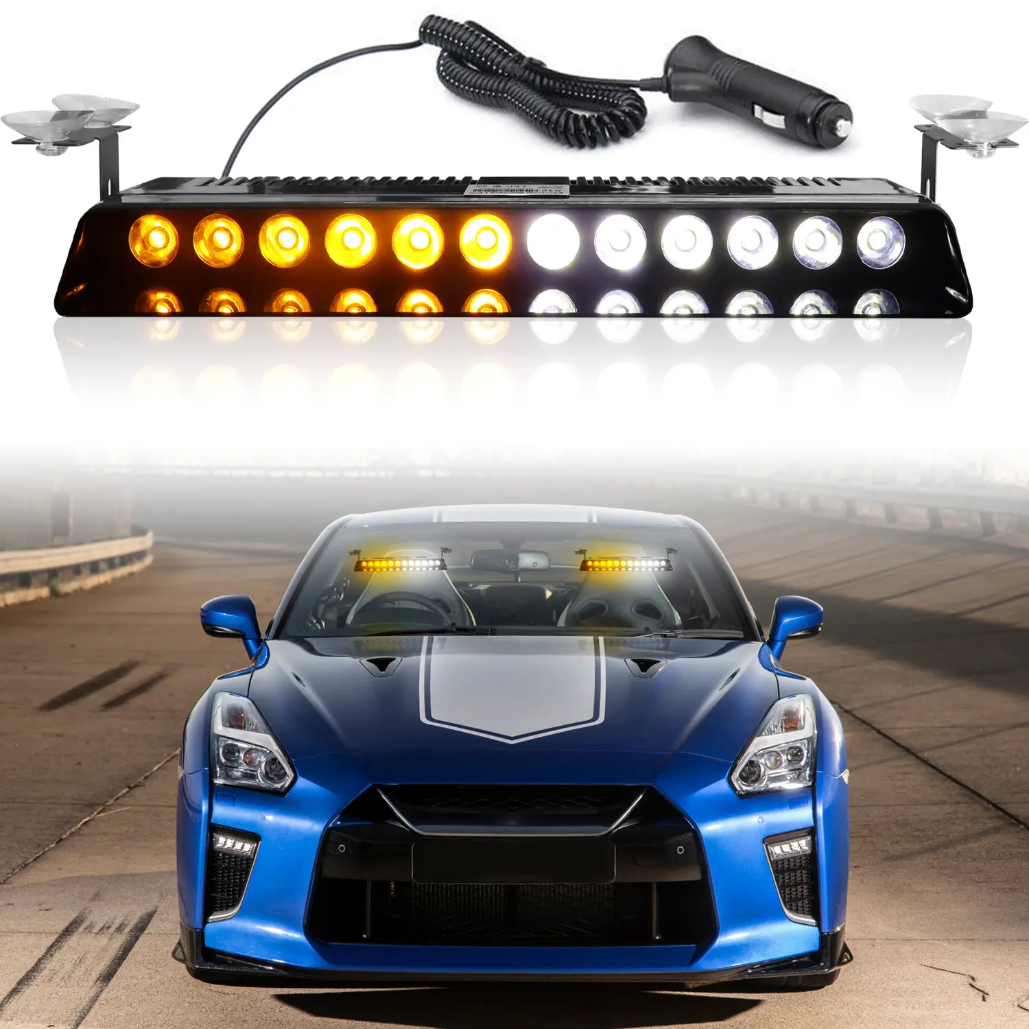 DIBMS 12.7 Inch Windshield LED Strobe Warning Light Bar Amber White Dual Color Waterproof Emergency Hazard Light with Suction Cups & Cigarette Plug, DC12V High Vis Safety Signal Lamp for Truck Jeep SUV Pickup Semi Van