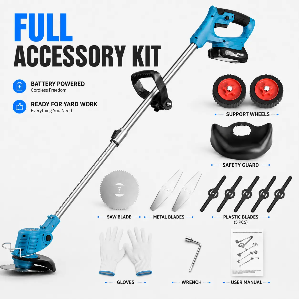20V Cordless String Trimmer & Brush Cutter Kit - Support Wheels, Adjustable Telescoping Shaft, Metal Saw Blade, Plastic Blades, Battery, Safety Guard for Lawn Edging, Weed Cutting