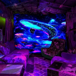 Neon Whale Jellyfish UV Glow Tapestry - Blacklight Underwater Ocean Dorm Decor Gift For Boho Psychedelic Lover