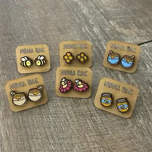 Bee & Honey Earrings – Bumble Bee, Honeycomb, Honey Pot & Flower Wooden Studs