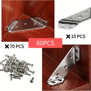 10 Corner Brackets + 70 Screws, Stainless Steel Small Right Angle Brackets, 90° Support for Cabinets, Furniture Hardware