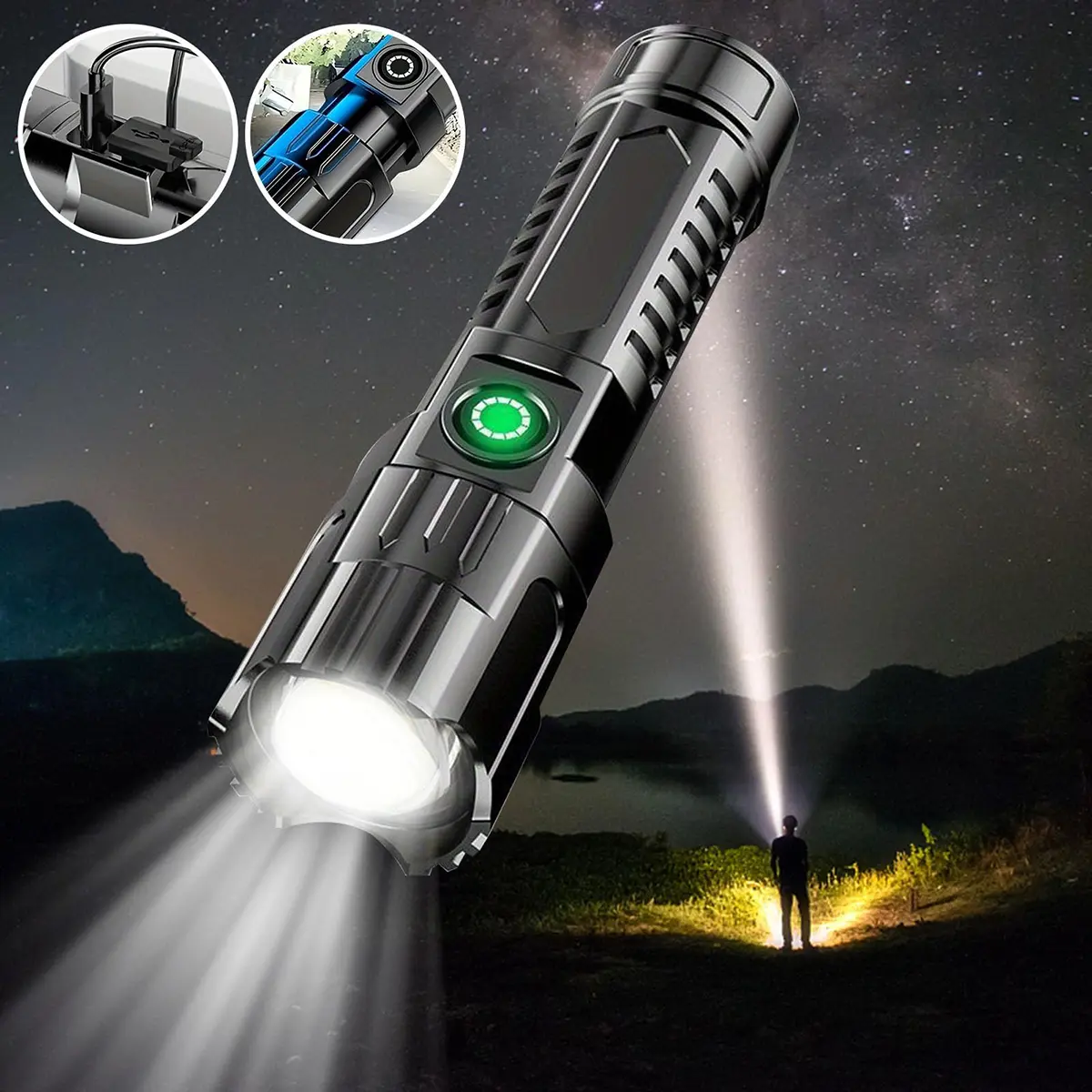LED Flashlight — high-lumen brightness, ultra-bright and rechargeable, featuring adjustable zoom and five lighting modes. A must-have for camping, perfect for both outdoor and home use