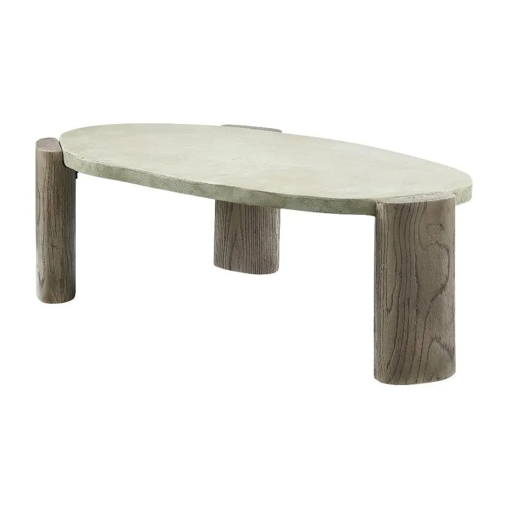 Weathered Gray Cement Coffee Table with Oak Legs, Sturdy Durable Construction, Industrial Chic Indoor Furniture