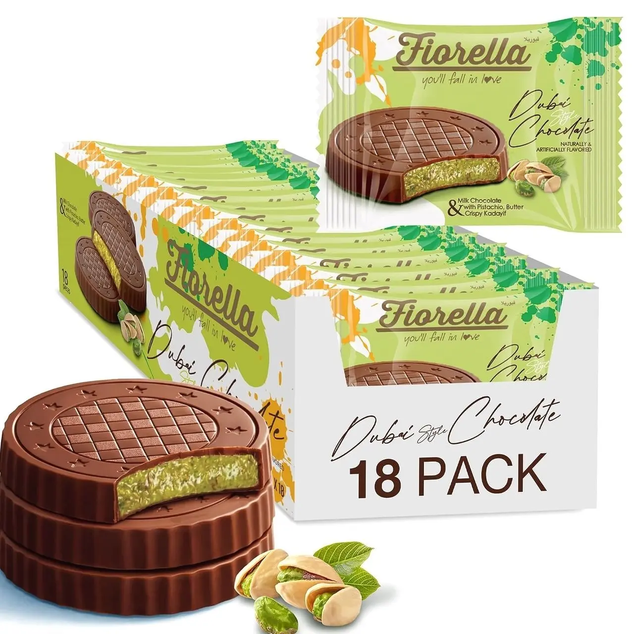 Fiorella Dubai Chocolate Bar Pistachio Knafeh | Milk Chocolate with Pistachio Butter & Crispy Kadayif | Individually Wrapped Snacks, 18 Pack, 17.78 oz (504g)