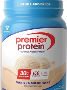 Premier Protein Powder, Vanilla Milkshake, 30g Protein, 1g Sugar, 100% Whey Protein, Keto Friendly, No Soy, Gluten Free, 23.3 oz, 17 Servings (Packaging May Vary)