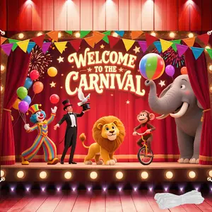 Welcome to The Carnival Banner – Large 82x60 Inch Carnival Backdrop with 19.69ft Ribbon, Double-Stitched Circus Backdrop for Carnival Theme Party, Birthday Decorations, Photo Booth Props