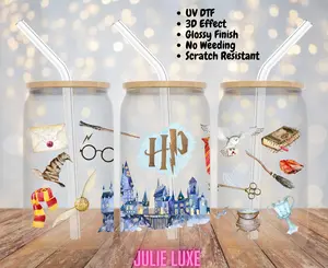 Harry Potter (2) 16oz Frosted Beer Glass Can with Bamboo Wood Lid