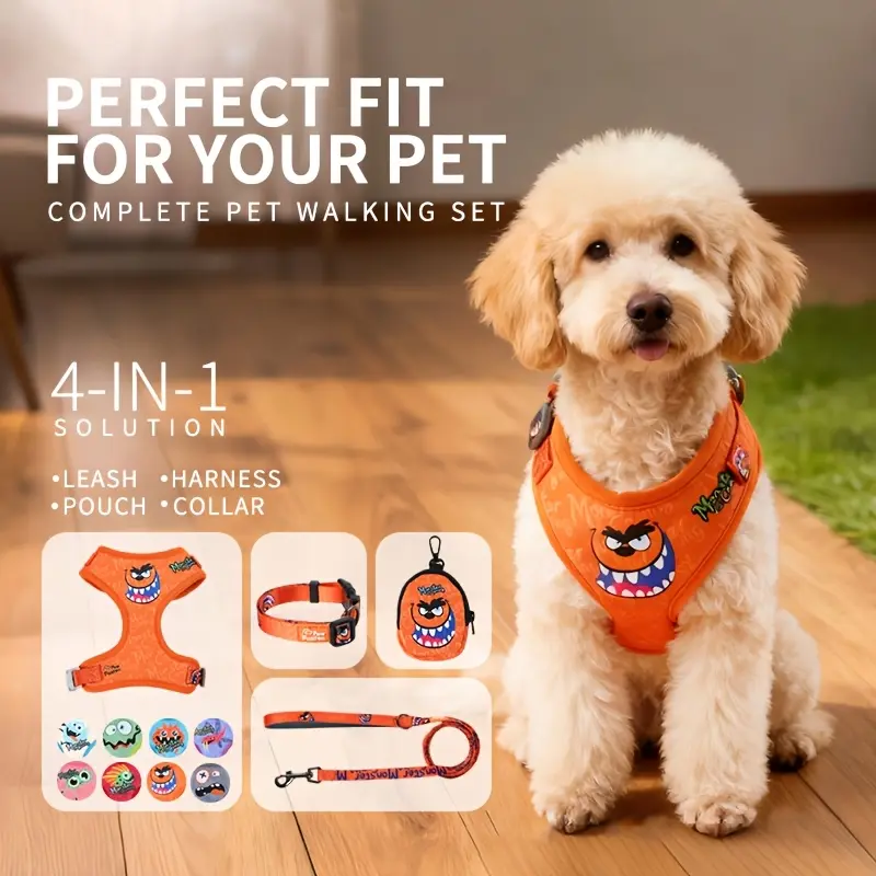 Monster Series 4pcs Dog Accessory Set - Safety Harness, Collars, Leash, Poopbag Holder, Halloween Aesthetic Festive Design, Plain Option, Holiday Gifts for Big & Small Dogs, 4Pcs Set