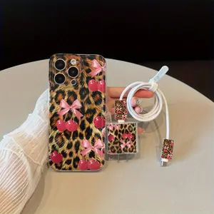 5 Piece Set Leopard Print Cherry Bow Phone Case, Charger Head Cover, Cable Protector, Storage Rope, Anti-Drop Tpu Shell for iPhone
