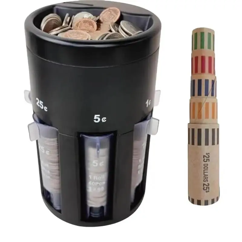 1PC Rotatable US Coin Sorter Bank, Compact Multi-tube Coin Sorting Piggy Bank for Loose Change Organization | Coin Sorter, US Coin Organizer, Piggy Bank for Kids Decor Black