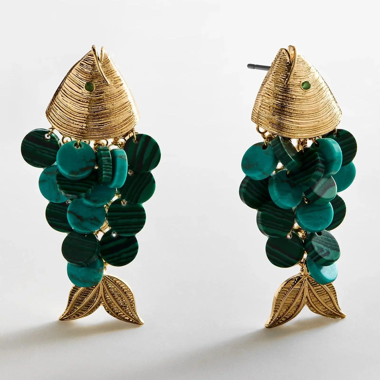 Gold-Malachite Ripple Effect Jade Earrings, Jewelry Accessories for Evening Wear Gold-Malachite Ripple Effect Jade Earrings, Jewelry Accessories for Evening Wear