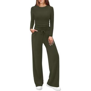 OFEEFAN Lounge Sets for Women 2 Piece Vacation Outfits Long Sleeve Tops with Side Ruched Wide Leg Pants Matching Sets