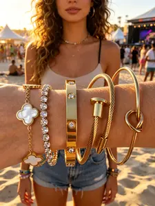 5 Piece French Luxury Bracelet Set, Stackable Rhinestone Clover Heart Nail Bracelets, Perfect for Dates and Career Wear