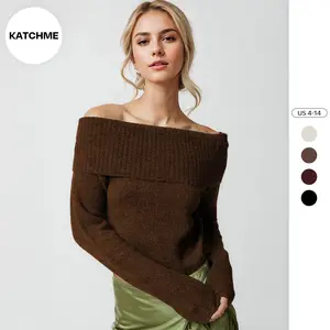 KatchMe Women's Vibrant Overfold Off Shoulder Stretch Sweater, Slouchy Solid Color Slim Knitwear for Fall & Winter, Long Sleeve Comfort Outfit