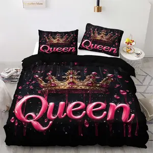 Queen Crown Bedding Set, Valentine's Day Theme, Soft Comfortable, Includes Duvet Cover and Pillowcases, Ideal for Bedroom Dorm Room Decor, Decorative Bedding Set