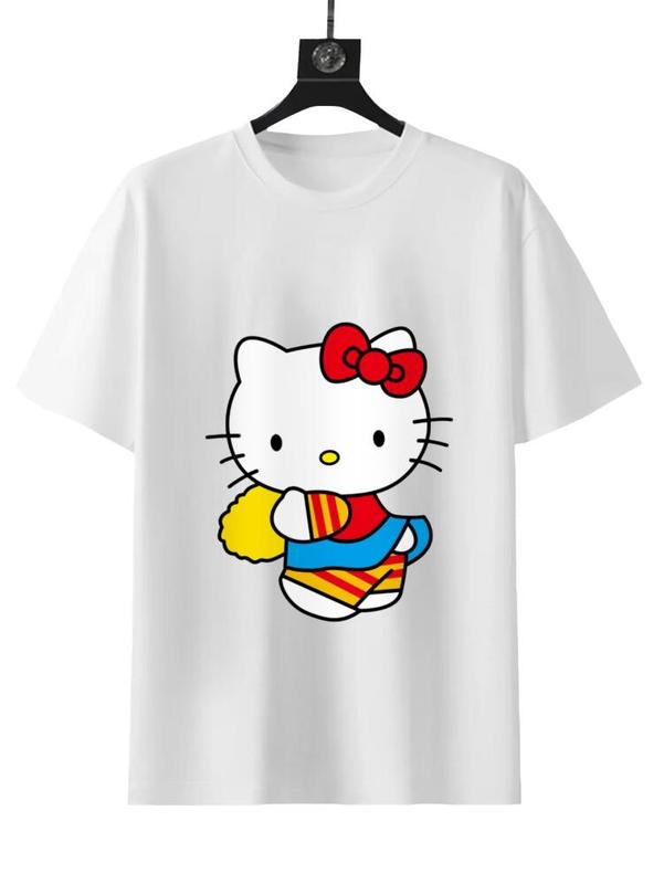 SHANRIO Cheerleading Hello Kitty Unisex Tee - Red T-Shirt with Hello Kitty Graphic Design for Unisex Wear Featuring a Colorful Bow and Striped Outfit