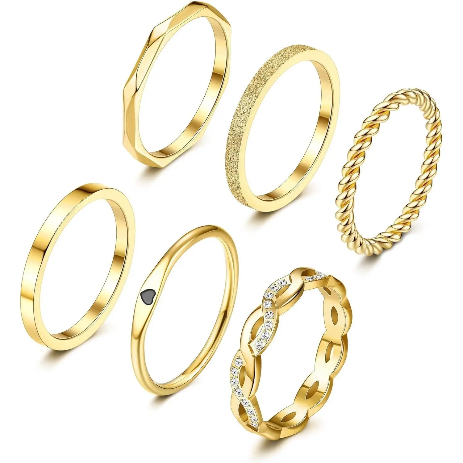 MILACOLATO 6 Pcs Stainless Steel Rings for Women Set Knuckle Rings Stackable Simple Carve Heart Wedding Bands Engagement Promise Eternity Bands Thumb Rings for Women, Fashion Promise Ring, Stacking Ring Set