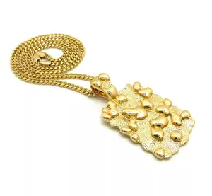 MaxBling81 Golden Nugget Dog Tag Pendant Hip Hop Necklace - 4mm Brass Cuban Chain (18in, 20in, 24in) - Unisex Hip Hop Fashion Costume Jewelry Accessory, Hip Hop Jewelry