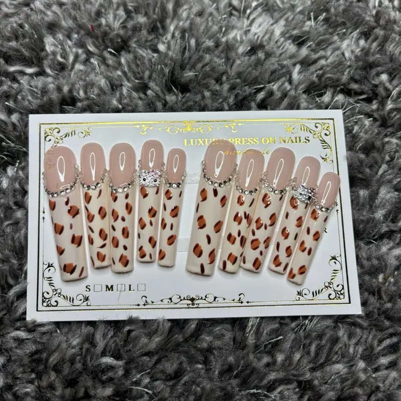 Xl Long Acrylic Like Press On Cheetah Print Hello Kitty Styled Nails with Rhinestone Accents