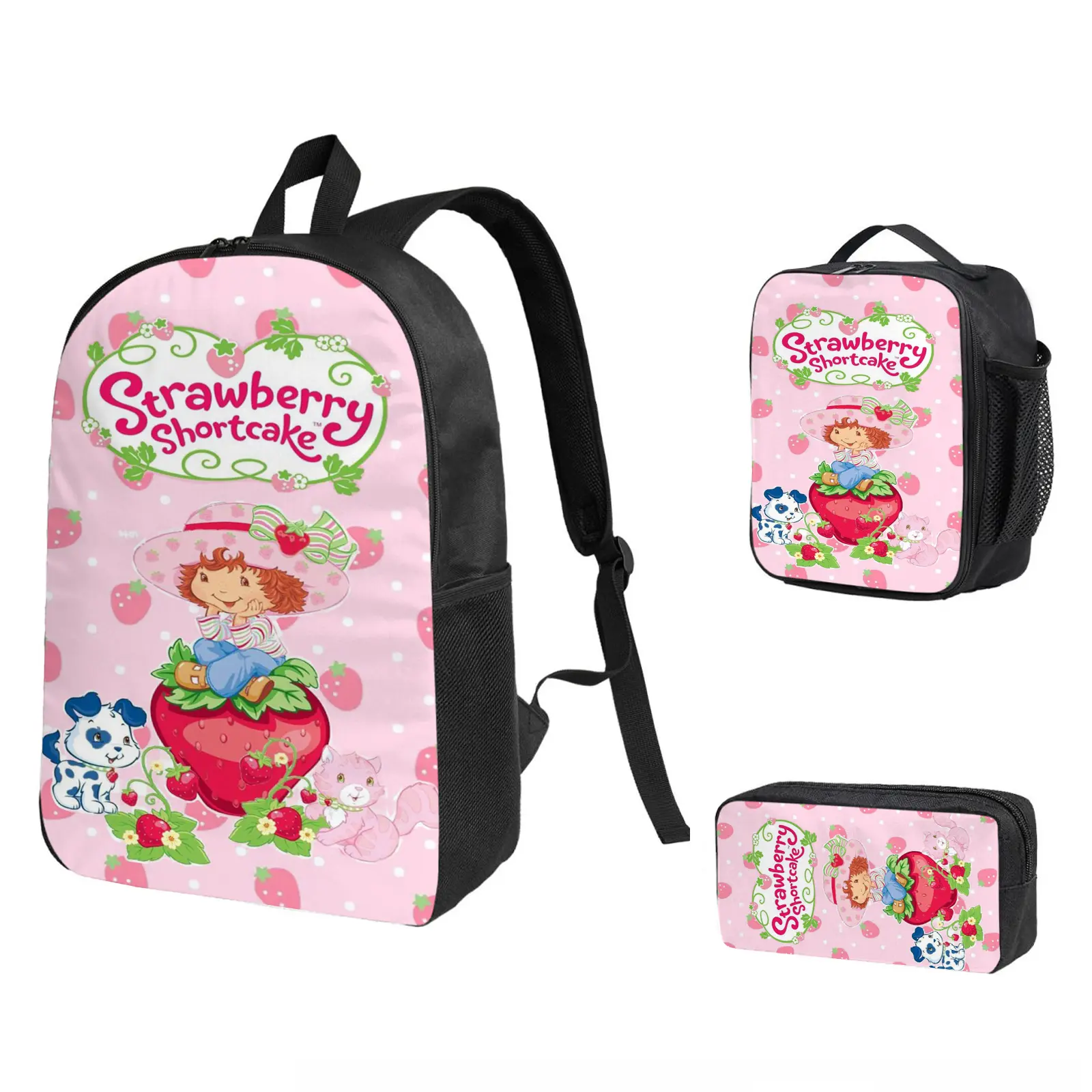Strawberry Shortcake Backpack 3-Piece Combo, School Bookbag with Insulated Lunch Bag & Pencil Case for Kids Teens Boys Girls, Cool Laptop Travel Daypack Back to School Gift for Fans b-211