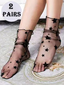 2 pairs of women's spring and summer thin transparent mesh knee-high socks with star pattern Print breathable socks Casual