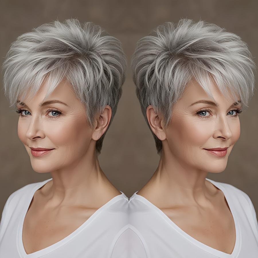 150% Density Brazilian Remy Human Hair Wig, Short Straight Layered Grey Salt & Pepper Glueless Wig for Women, Natural Look Rose Net Cap, Secure Fit for Daily Party & Mother's Day Gift