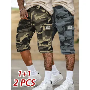 2pcs Men's Camouflage Cargo Shorts - Elastic Waist with Adjustable Drawstring, Multi-Pocket Design, Casual Outdoor Shorts for Daily Wear & Leisure Activities, Nonstretch Fabric summervibes